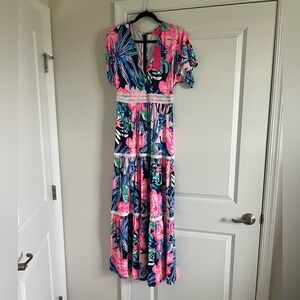 Lilly Pulitzer Pink and Blue Tropical Maxi Dress